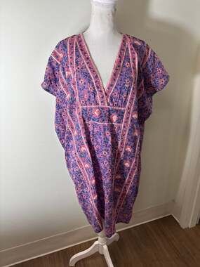 India Collection/Emerson Fry Purple and Pink Block Print Caftan OS